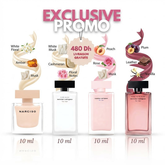 Pack Narciso Poudré+Pure Musc+For Her+Noir rose 40ML